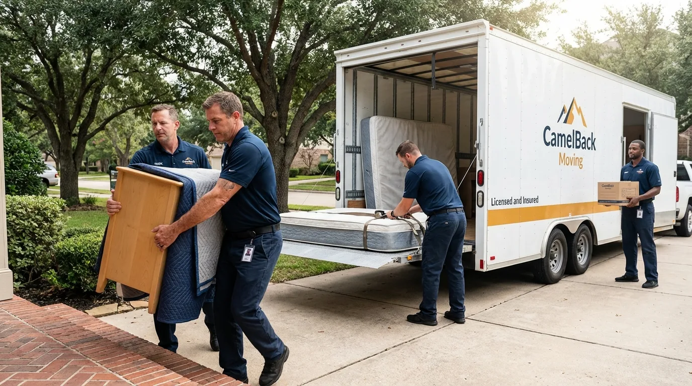 Crew loading residential truck for cross-state move from Bethany, IL