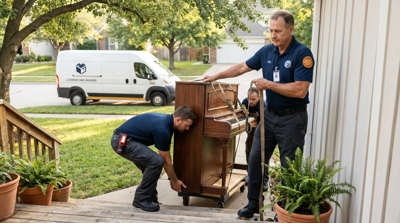 Licensed piano movers securing grand piano in Bethany, IL
