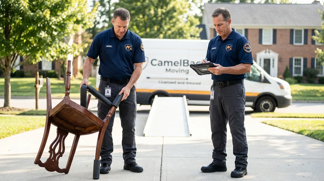 Movers inspecting furniture for damage prevention before loading in Bethany, IL