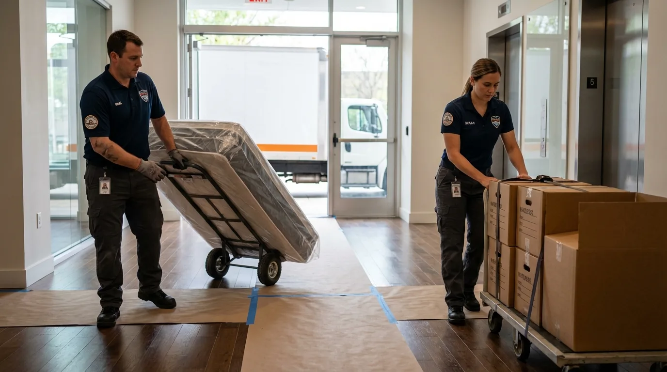 Professional apartment movers loading elevator in Bethany, IL